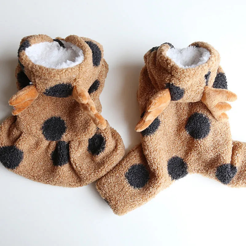 Dog or cat wearing polka dot elk couple clothing in skirt or four-leg style.