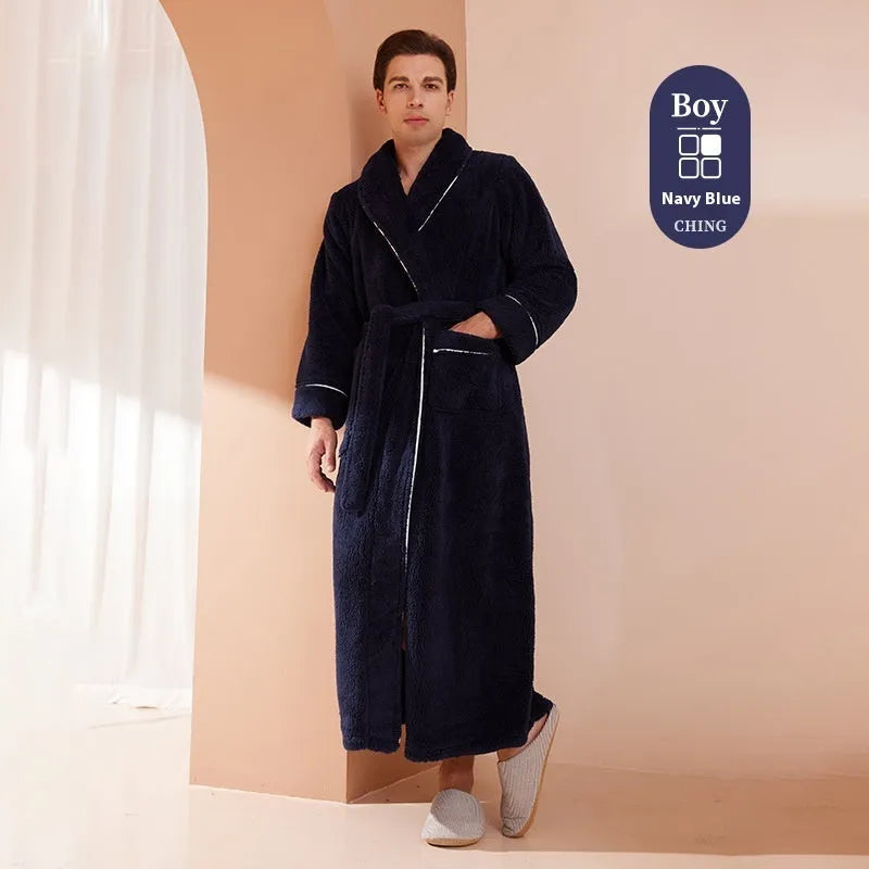 Thickened winter couple's bathrobe in Angola red flannel with European style cut and plus size options