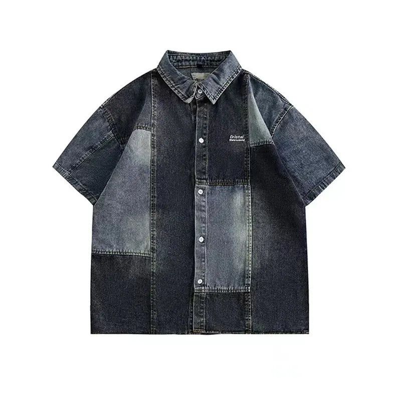 Blue Japanese-style loose fit denim shirt for men with washed stitching detail