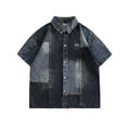 Blue Japanese-style loose fit denim shirt for men with washed stitching detail