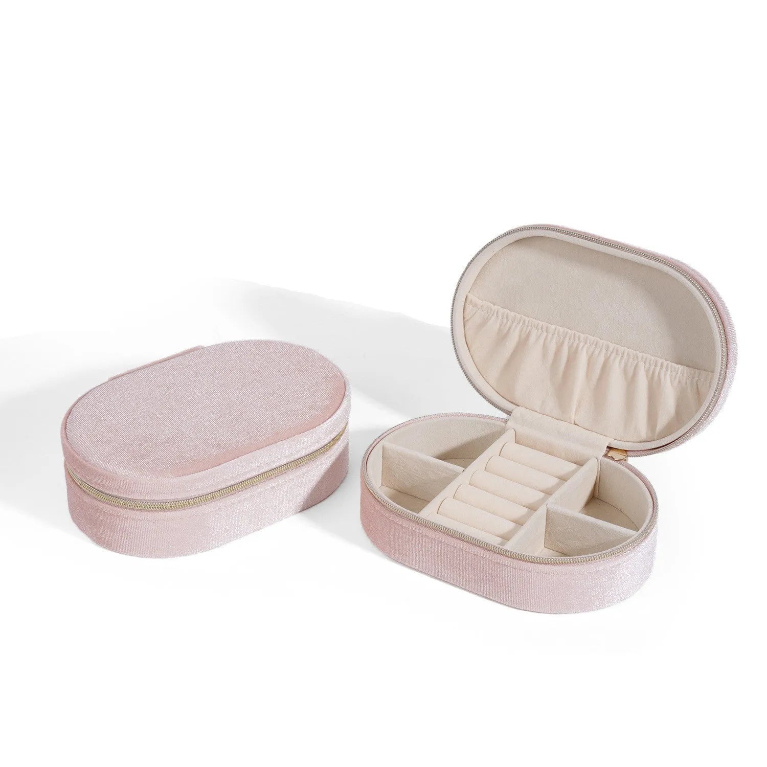 Oval velvet jewellery storage box with flannel lining in multiple colour options