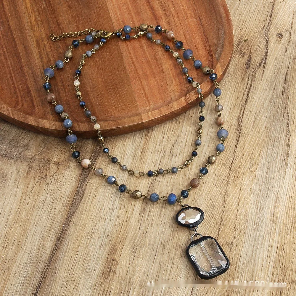 Two-layer tribal necklace with natural stone and glass pendant on adjustable chain