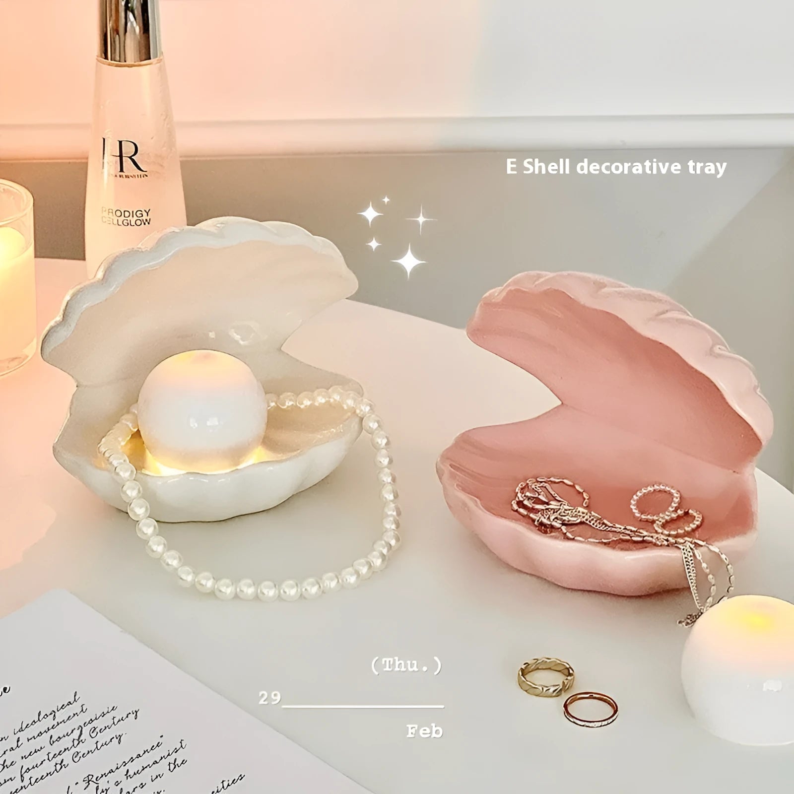 Yellow porcelain storage tray with optional night light, shown in pink and white shell options.