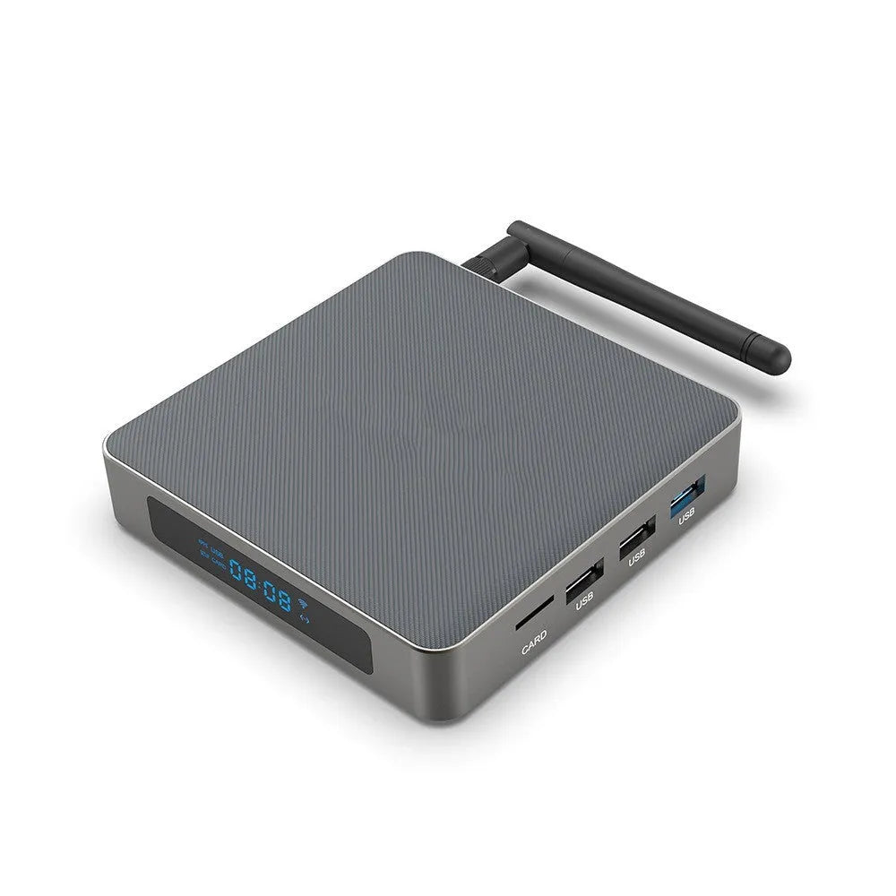 Android TV streaming box for 8K video with remote control and HDMI cable