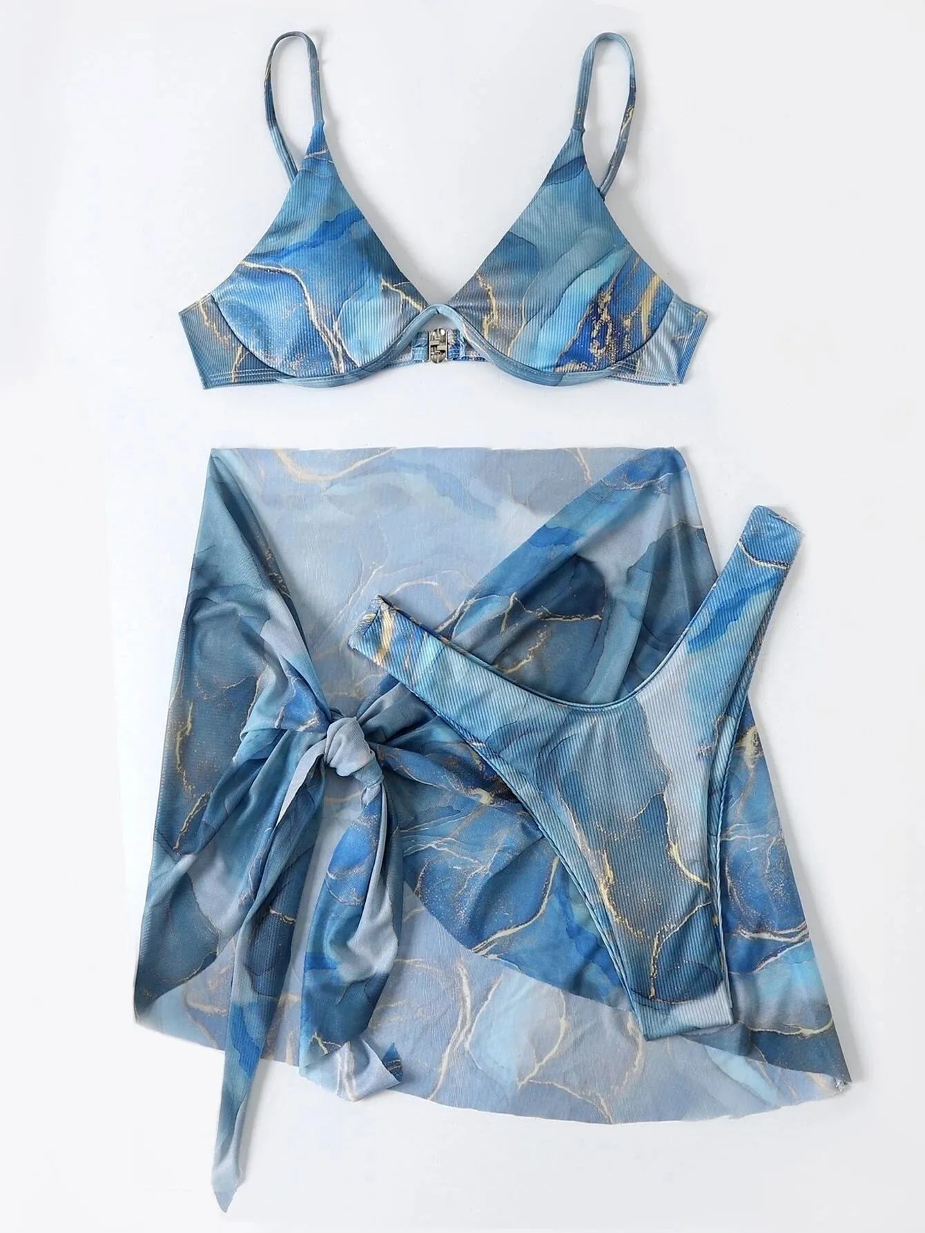 Marble printed women's 3 piece bikini swimwear set in six colour options