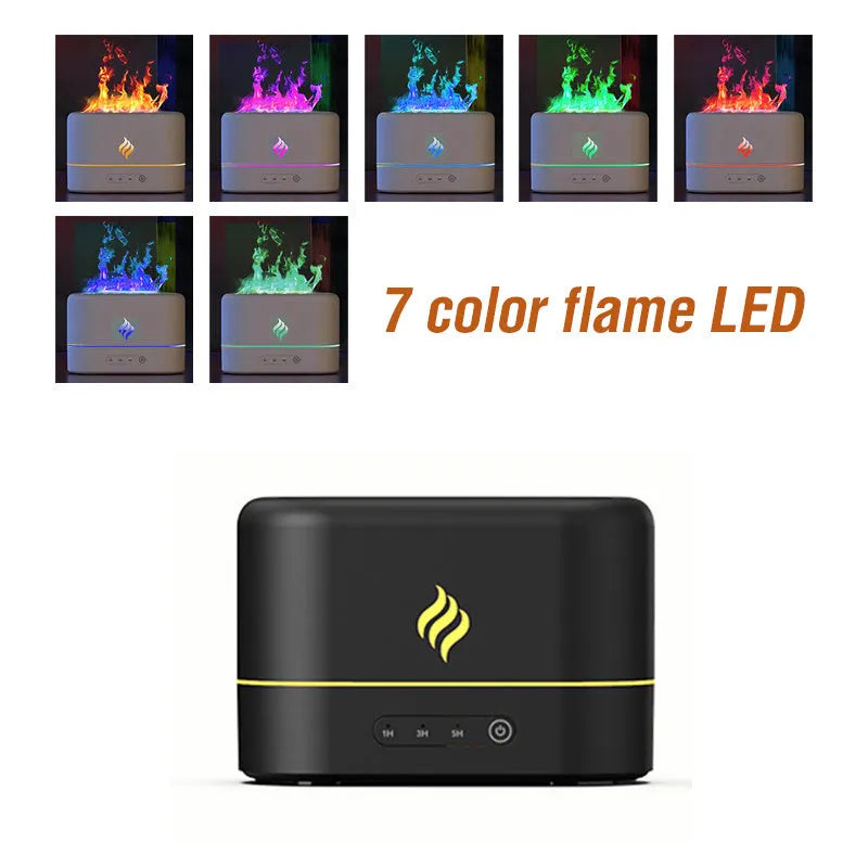 Black and white USB-powered humidifier with coloured flame LED light and aromatherapy function.