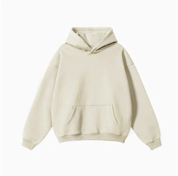 A loose-fit men's hooded sweater in 450g terry cotton with drop shoulders, shown in a solid colour.