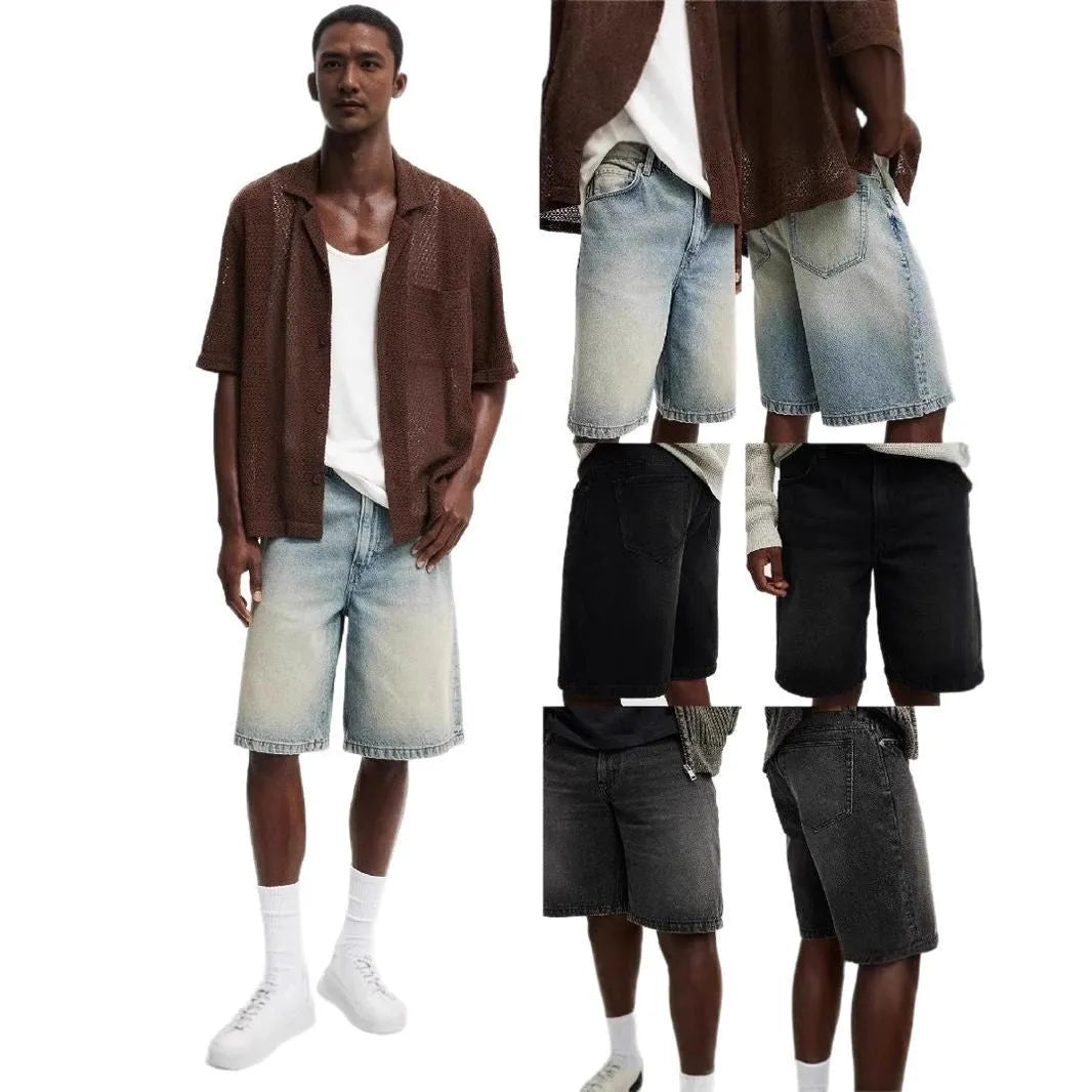 Man wearing loose straight leg jeans in light blue cotton denim, front and side view.