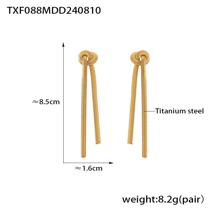Gold electroplated titanium steel necklace and earrings set with snake chain and knotted tassel design