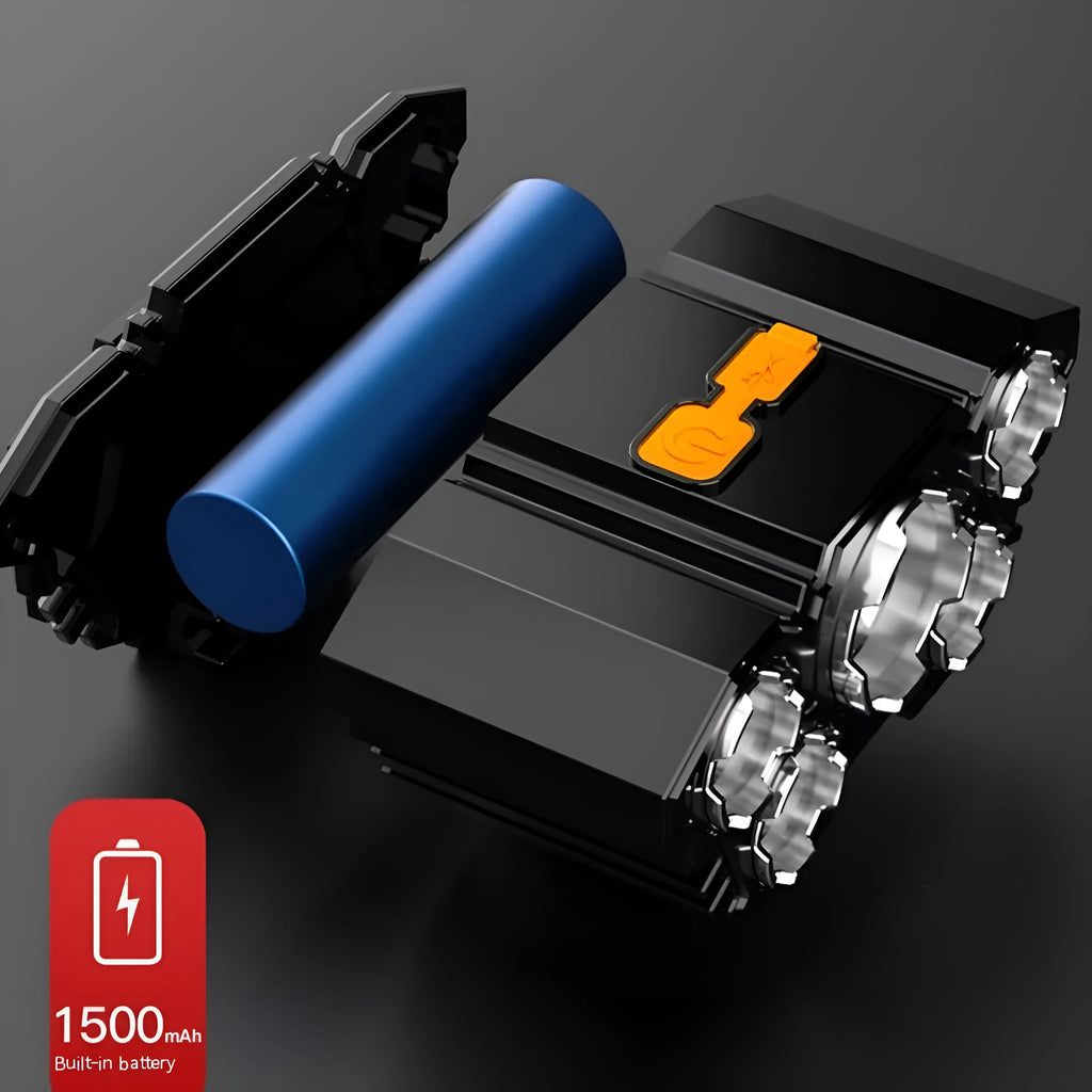 10W LED head-mounted miner's lamp with adjustable strap, PVC housing, and charging cable.