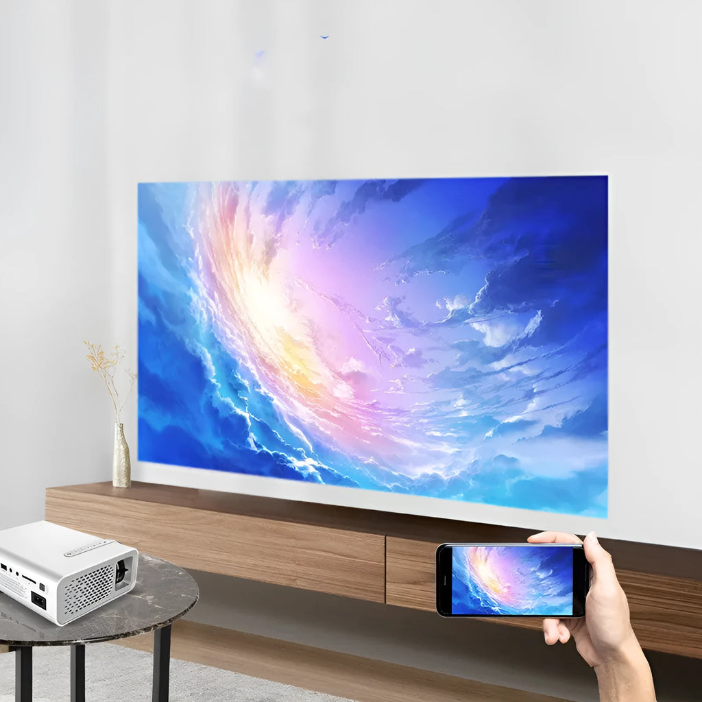YG530 mini mobile phone projector in black or white with wireless connectivity and LED projection