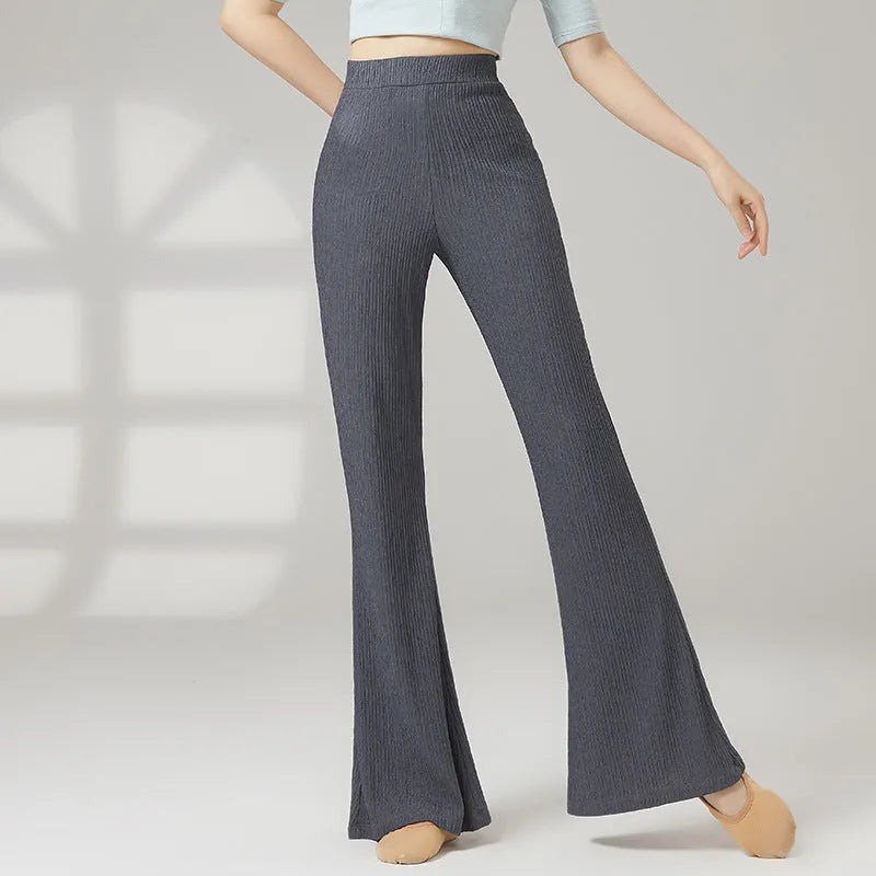 Women's solid colour classical dance practice pants in polyester fabric shown in beige apricot.