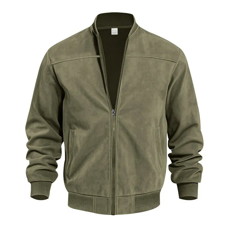 Men's plus size suede casual jacket in Army Green with zipper closure and regular fit.