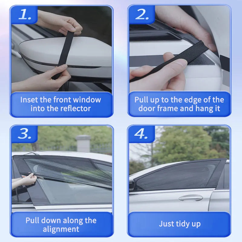 Car side window sunshade mesh covers installed on vehicle front and rear windows