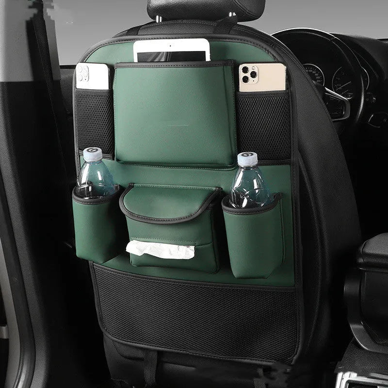 Leather car seat back storage bag in four colour options with suspended mounting