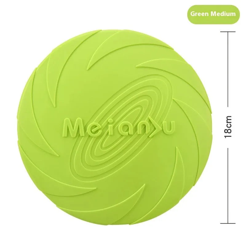 Soft rubber dog frisbee in red, blue, or green colours in small, medium, or large sizes