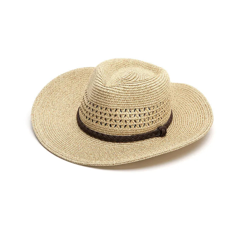 Men's foldable wide-brim straw sun hat in beige colour for summer outdoor use