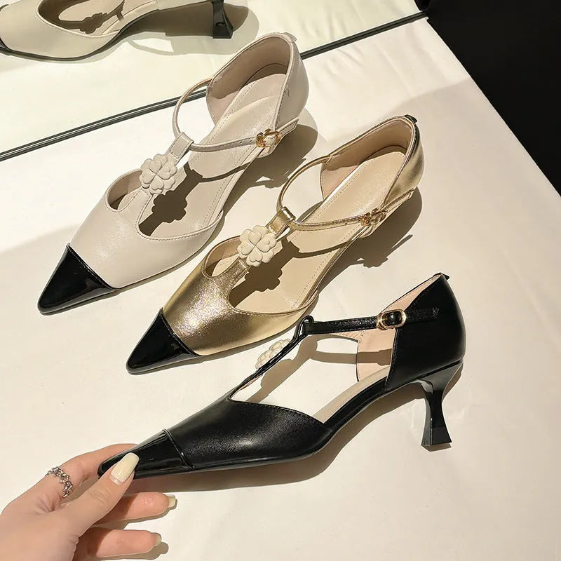 Women's flower stiletto heel pointed toe shoes in shallow mouth design with buckle details