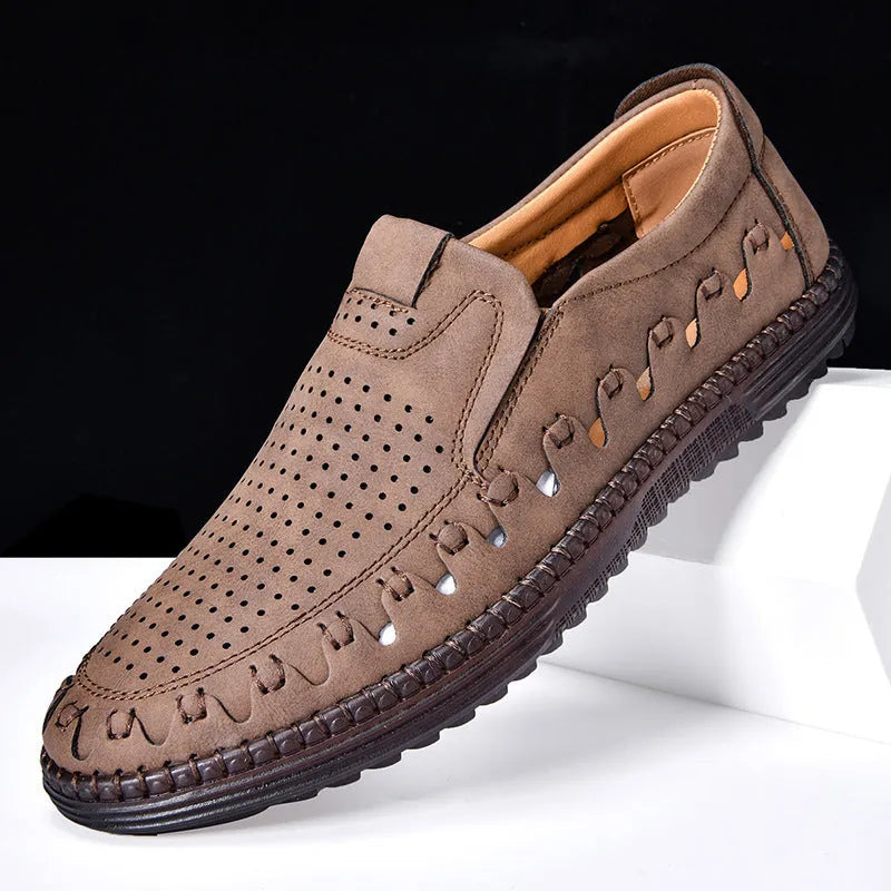 Men's brown leather slip-on casual shoes with round toe and flat PVC sole