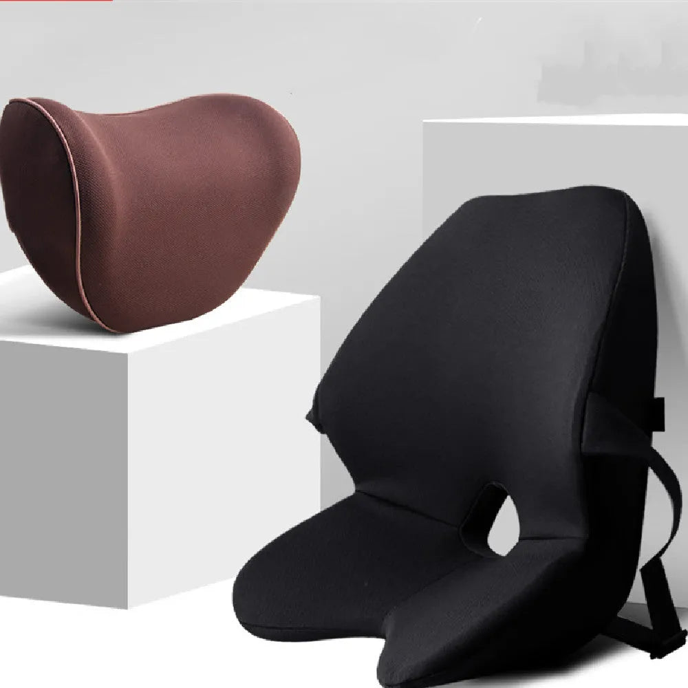 Memory foam car waist pad and headrest combination in a neutral colour for lumbar support.