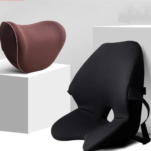 Memory foam car waist pad and headrest combination in a neutral colour for lumbar support.