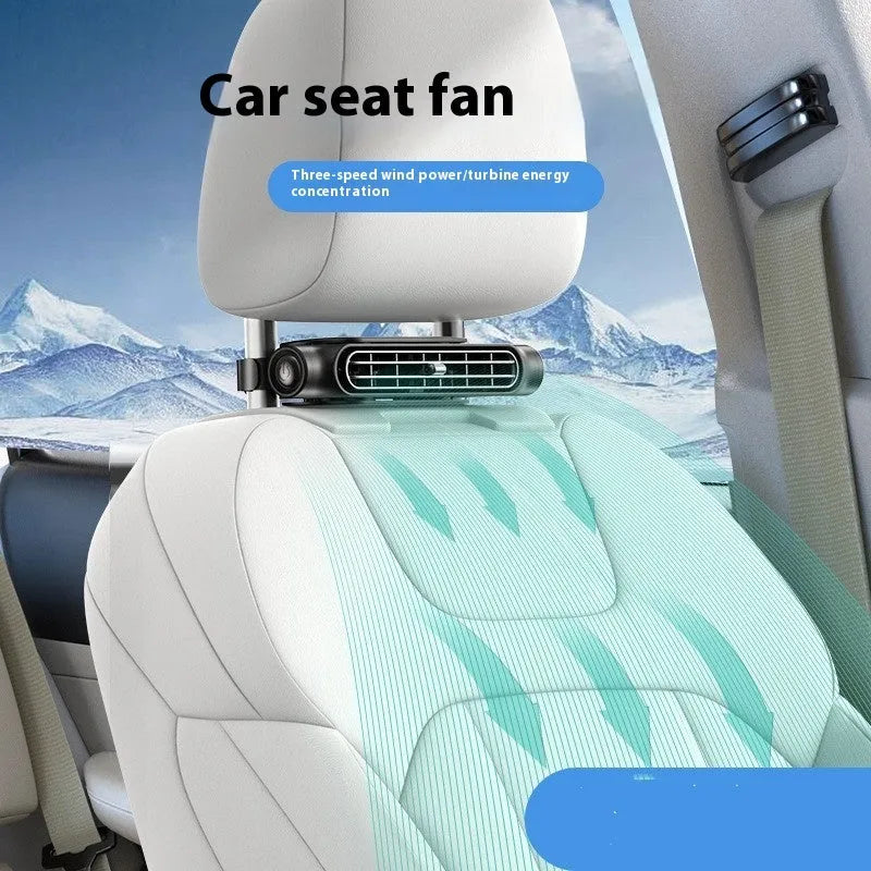 USB car fan with clamp mount and Velcro, shown in beige colour with a detached data cable.