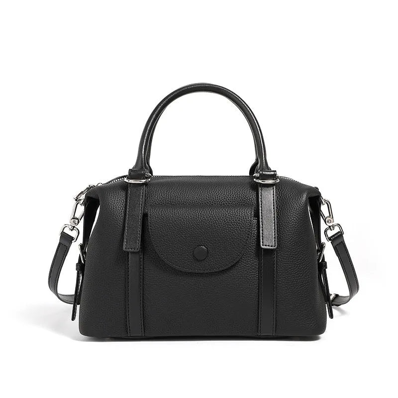Genuine leather street trend ladies handbag with single shoulder strap in black, brown, or elephant grey.