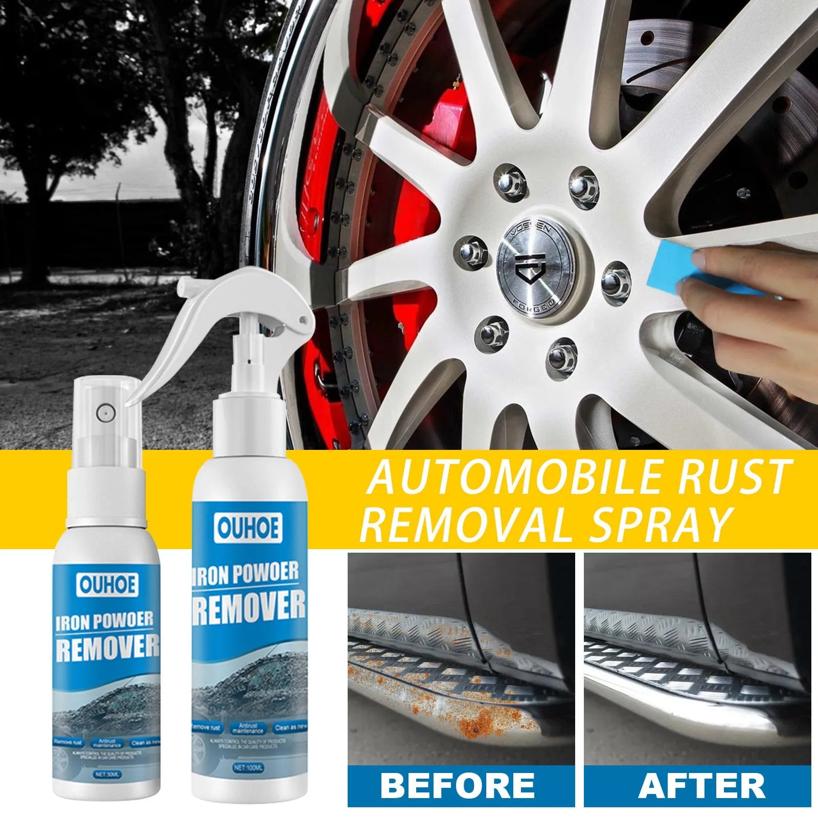 Automotive iron powder rust remover spray with blue square sponge and towel