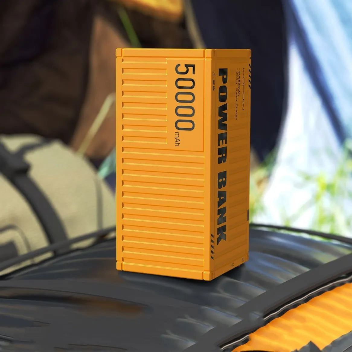 Yellow large capacity 50000mAh power bank with digital display and multiple USB output ports.