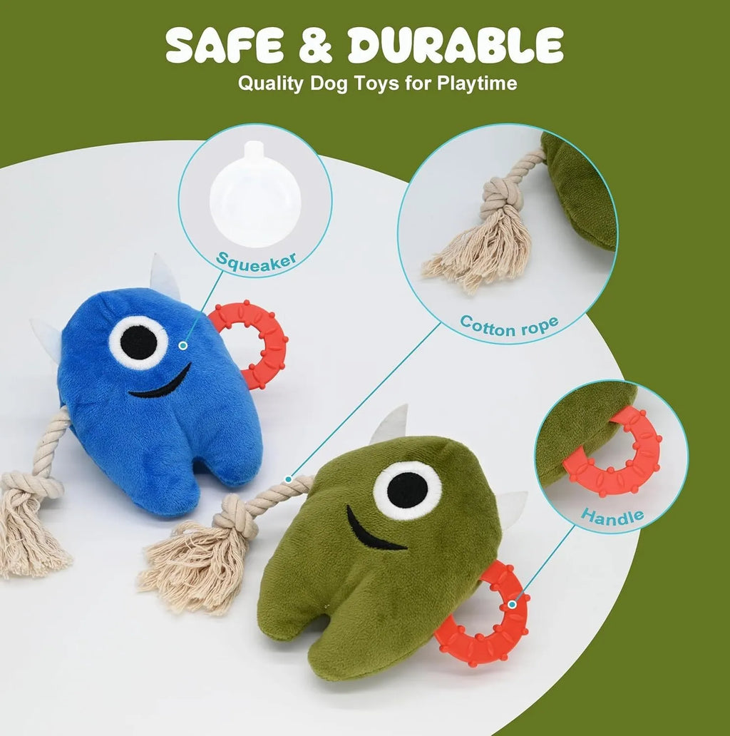 Large blue and green monster plush dog toy with integrated cotton rope sections for chewing and tug of war