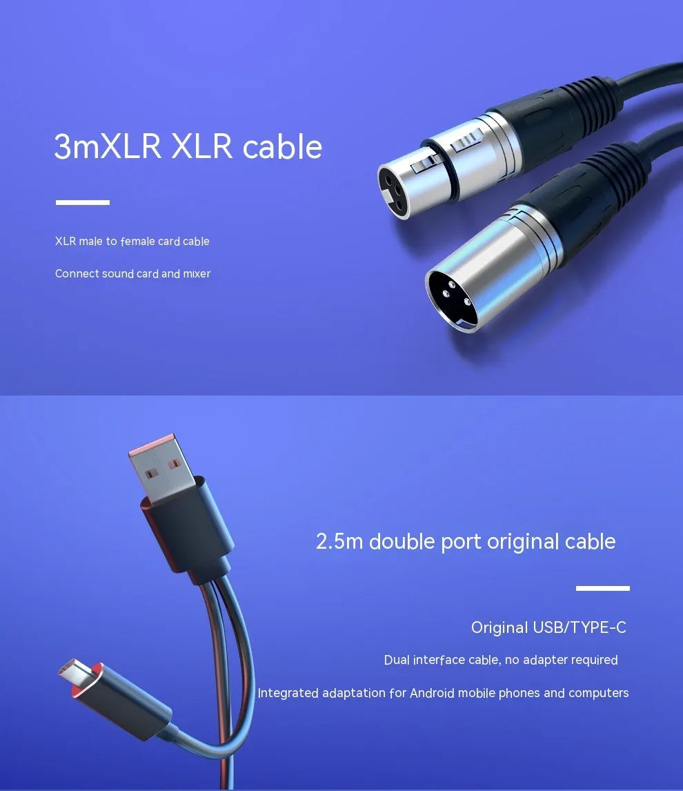 Dynamic noise reduction microphone in black, pink, or white with XLR cable and desktop base.