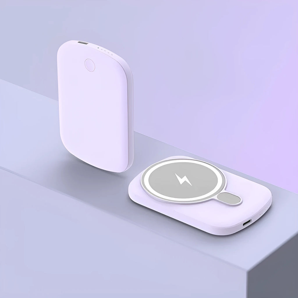 Slim Magsafe magnetic wireless power bank in Barbie Pink, shown next to an iPhone.