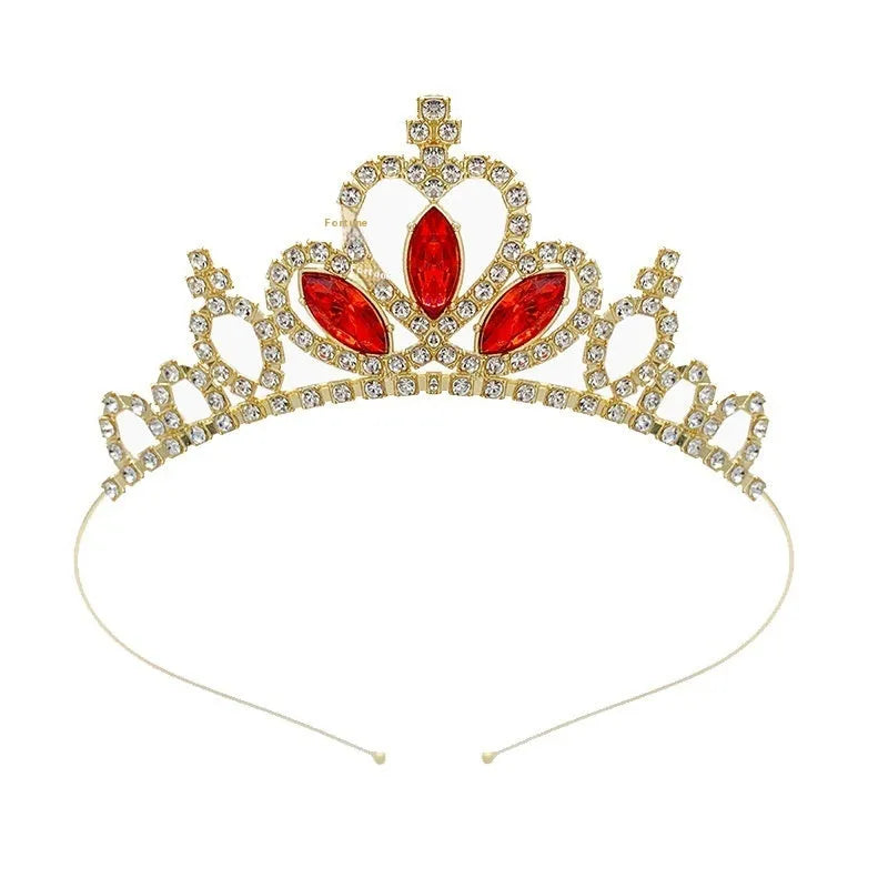 Gold electroplated alloy princess crown headdress with diamond-like decorations for birthday parties
