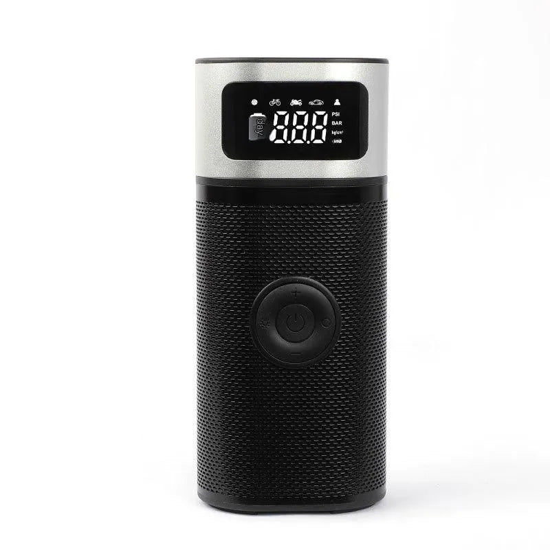 Black portable wireless air pump with 15cm tube, USB charging cable, and multiple nozzles for different inflation needs