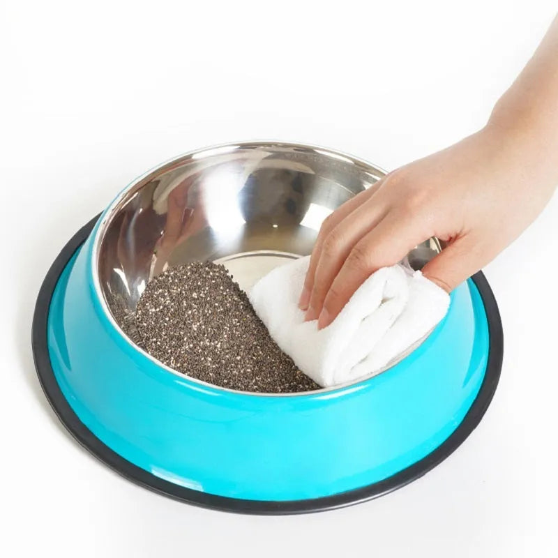 Stainless steel pet bowl inside colourful melamine pot with non-slip base