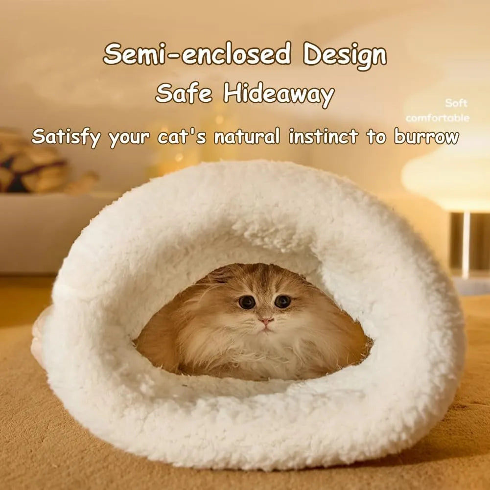 Cat sleeping bag in blue plush fabric with semi-enclosed tunnel design for indoor cats