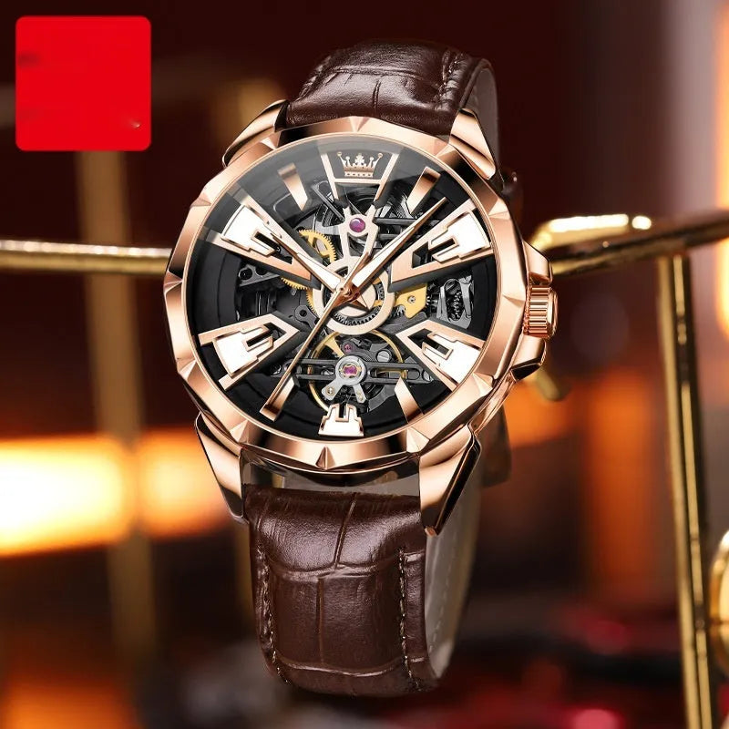 Men's automatic mechanical watch with hollow design, waterproof feature, 44mm barrel-shaped stainless steel case
