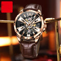 Men's automatic mechanical watch with hollow design, waterproof feature, 44mm barrel-shaped stainless steel case
