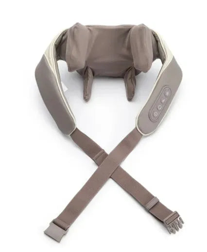 Creamy white rechargeable shoulder and neck massager on a plain background.