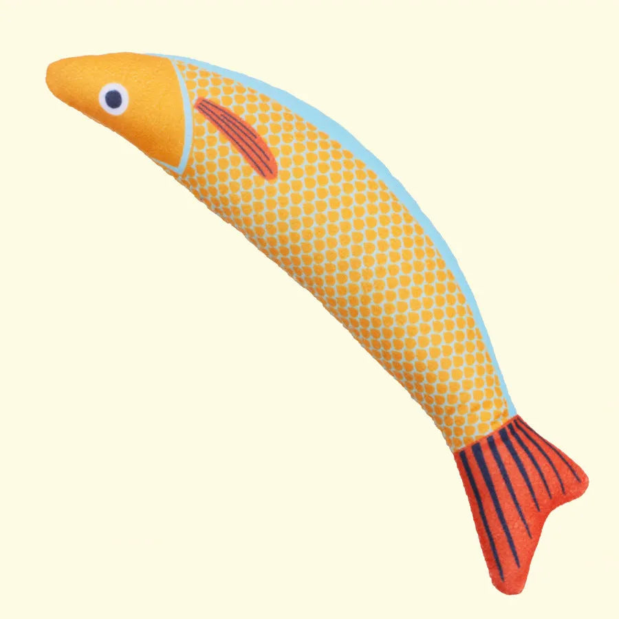Soft green plush fish-shaped cat toy filled with organic catnip for interactive play.