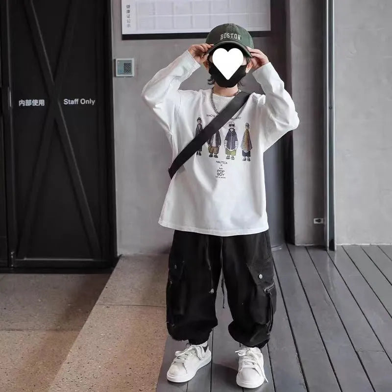 Children's cotton workwear trousers in beige and black for spring autumn