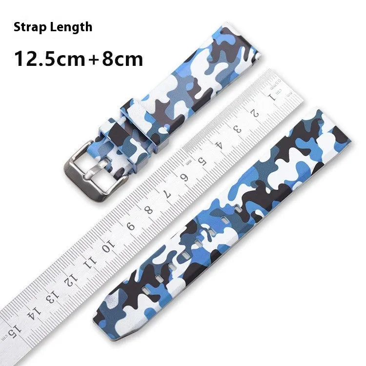 Green camouflage silicone watch strap with flat head lugs, shown next to blue and grey camouflage versions.