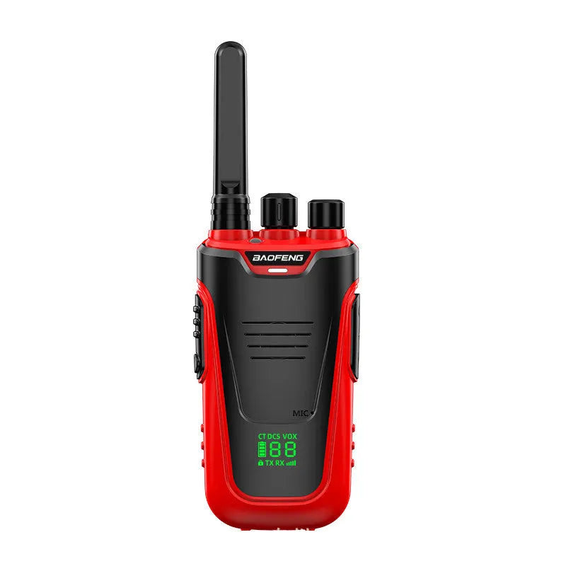 Red or yellow children intercom showing 10W power, 8km range, and 6800mAh battery capacity