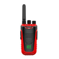 Red or yellow children intercom showing 10W power, 8km range, and 6800mAh battery capacity