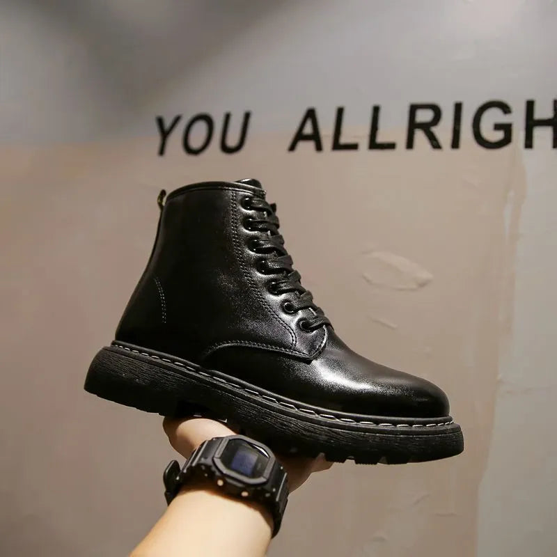 Men's black platform Dr. Martens boots with frosted leather, 8-hole high-top design, lace-up front and side zipper