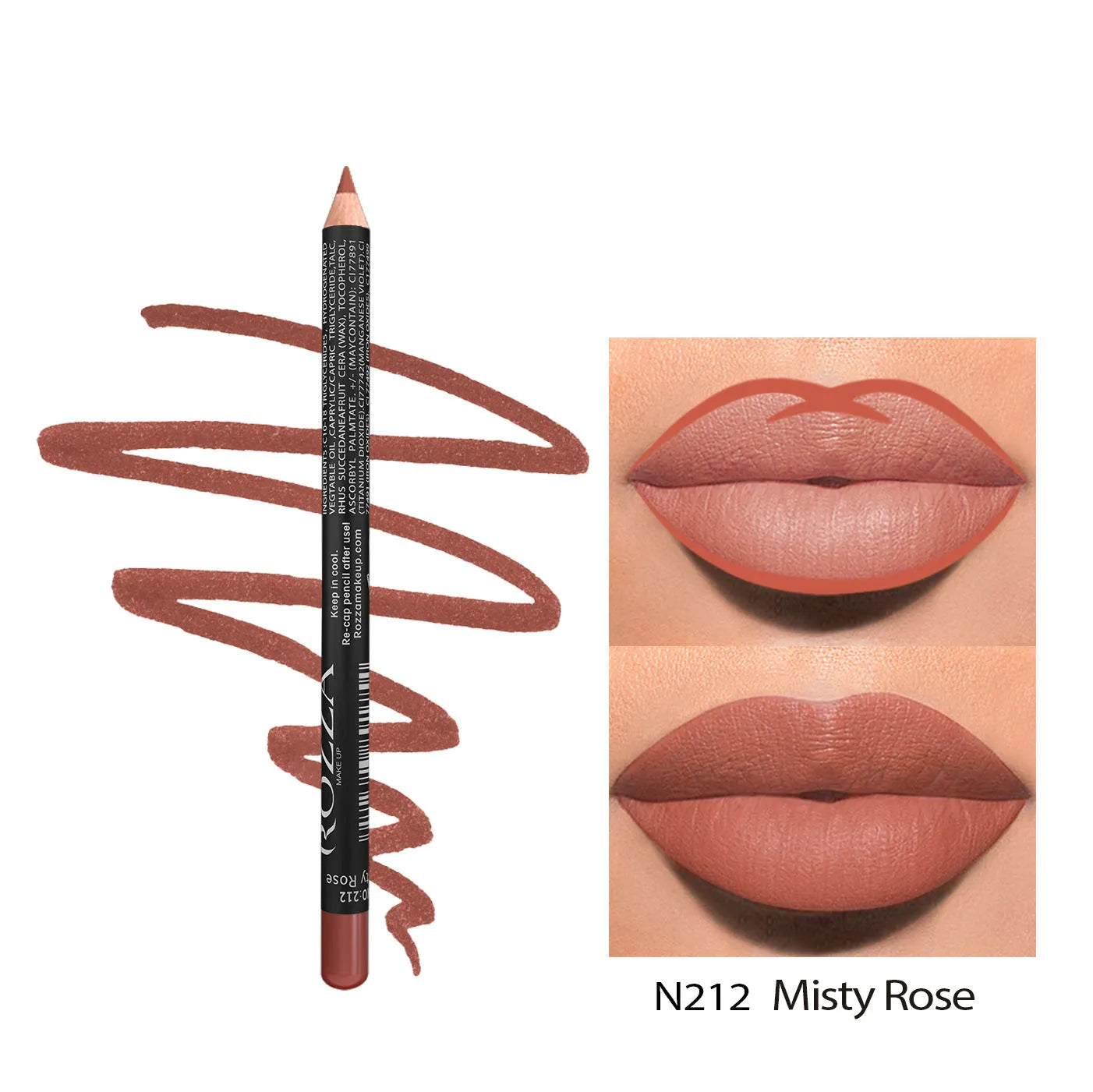 Matte lip liner in wood finish showing rich colour payoff with 14 shade options from 201 to 214