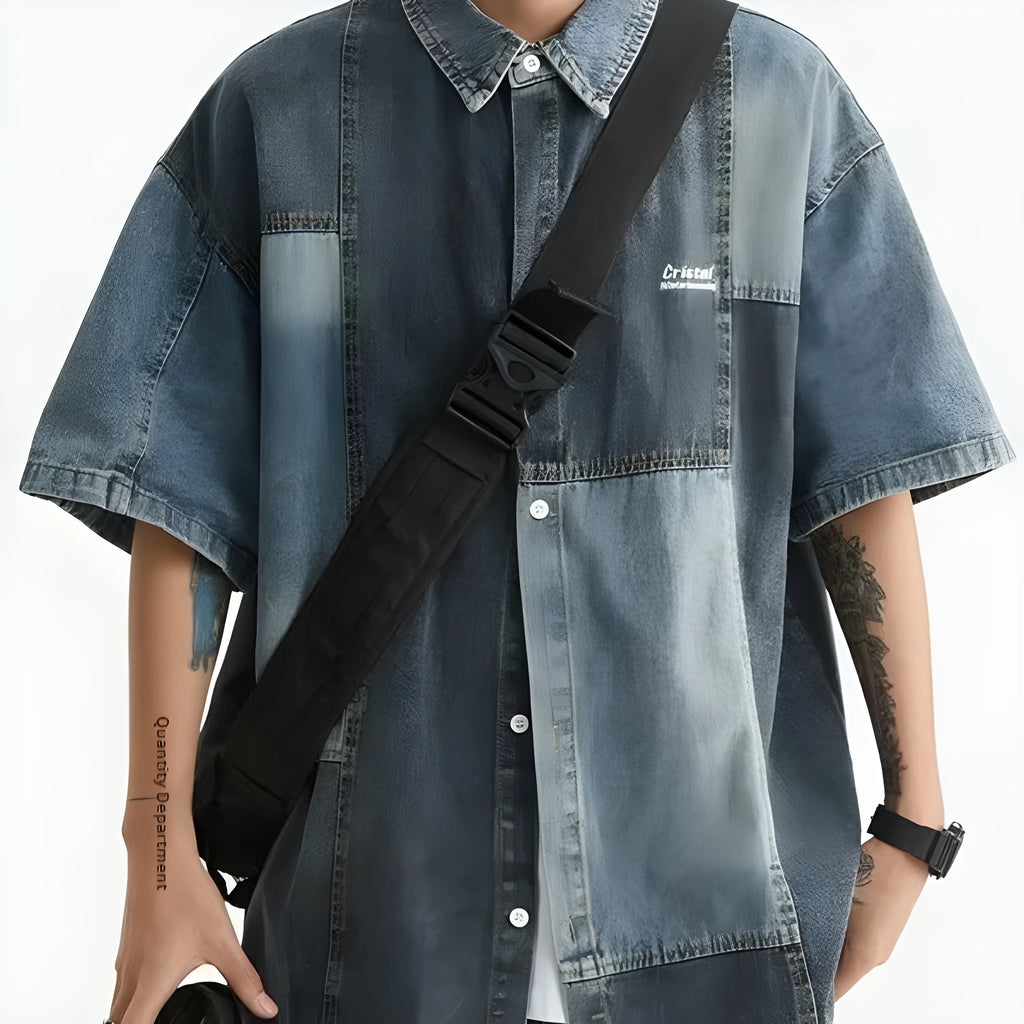 Blue Japanese-style loose fit denim shirt for men with washed stitching detail
