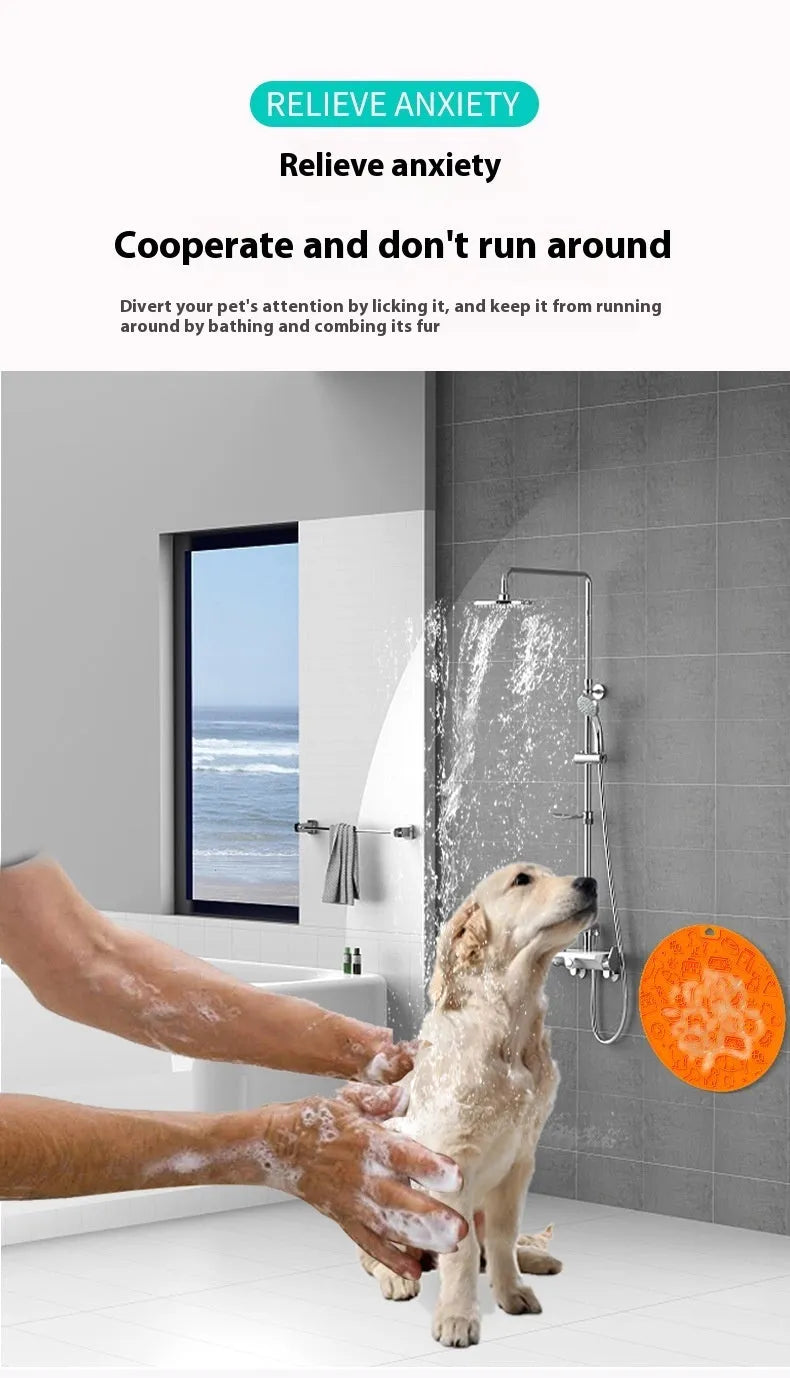 Round silicone pet licking mat with suction cup in blue, pink, grey, mint, or orange colour.