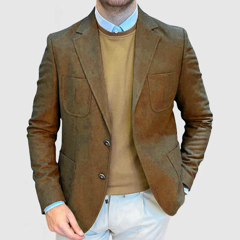 Men's loose-fit cotton tailored blazer in Army Green on a hanger