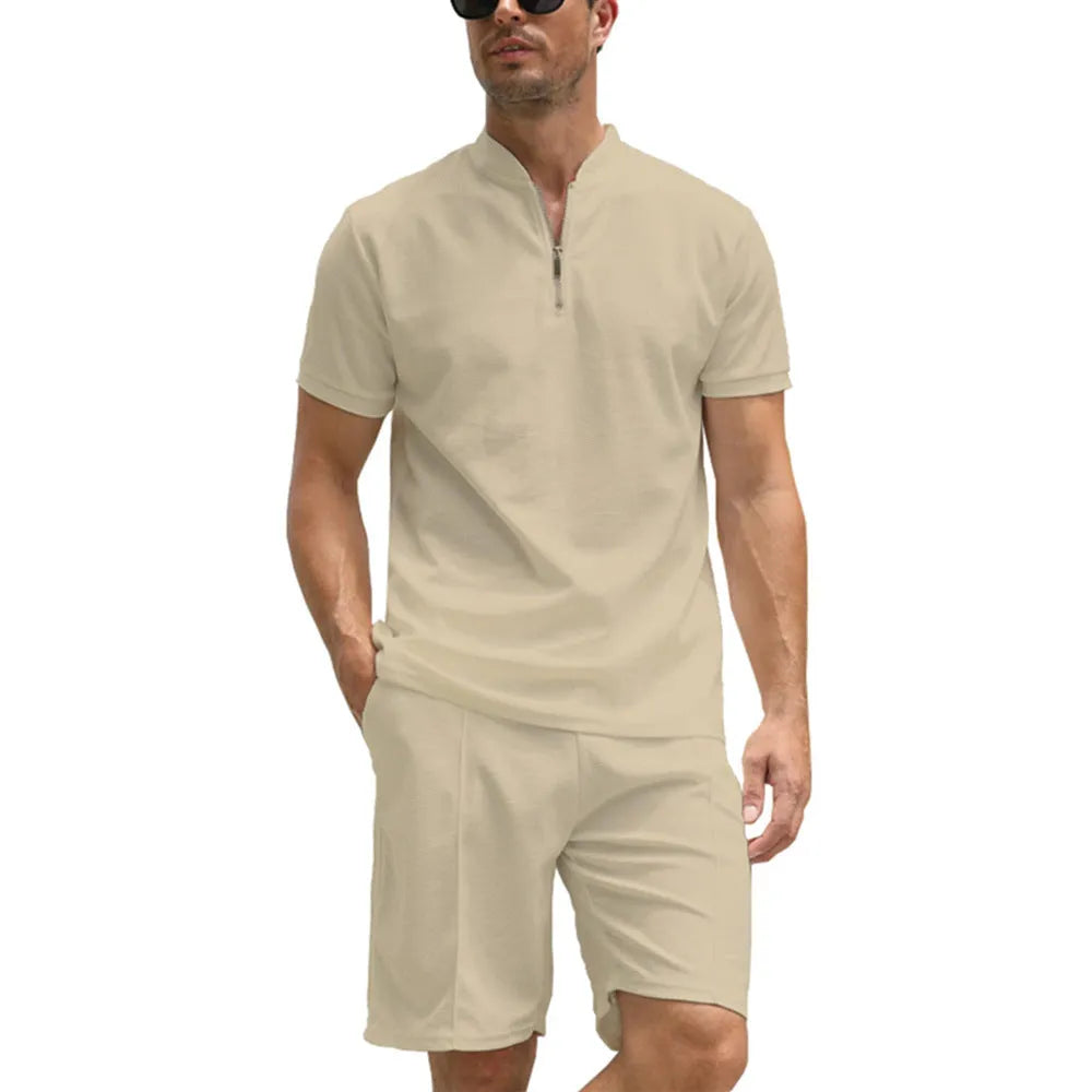 Men's solid colour polo shirt and trousers two-piece set in polyester beaded bird's eye fabric